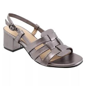 Trotters Luna Slingback Sandals Silver Metallic Woven Straps Block Heel Sz 9